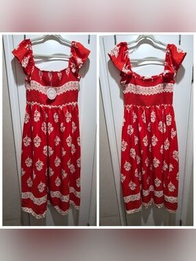 Umgee Red & White Floral Smocked Maxi Dress Boho Cottagecore Size Large - NWT